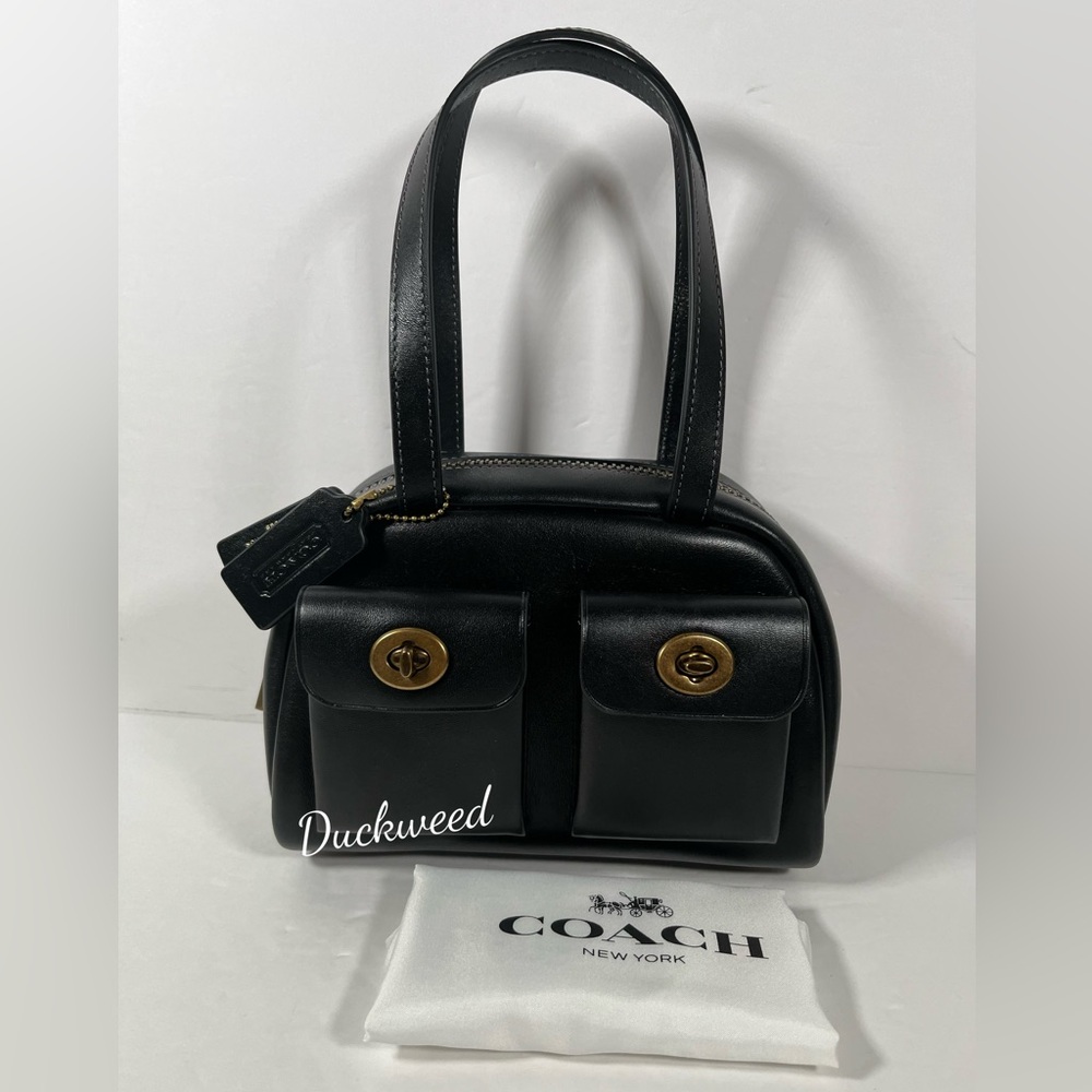 Coach Twin Turnlock Bag 20 Satchel in Dark Brass/Black Waxed Smooth Leather NWT